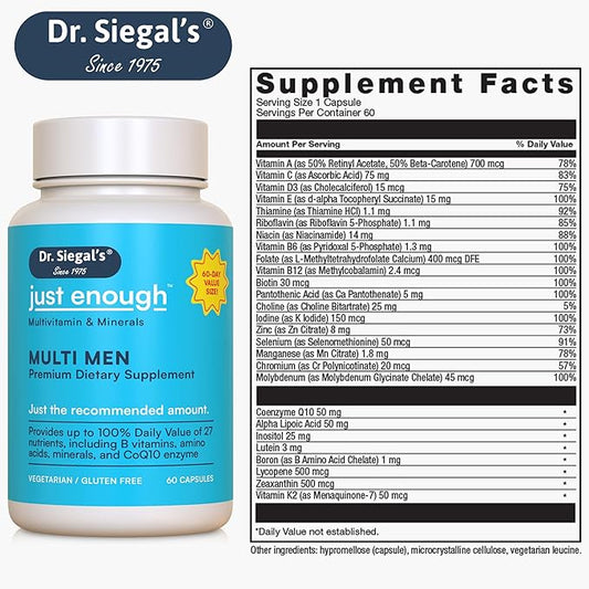 Dr. Siegal's Just Enough Multivitamins for Men - 60 Capsules - 60 Servings Vegetarian Multivitamin for Men Capsules - Men's Daily Multivitamin - Mens Multivitamins & Multi Minerals Supplement