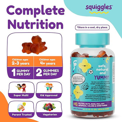 Squiggles Kids Multivitamin + Iron Gummies - Low Sugar Gummy Vitamins with Iron Supplements for Kids - Broad Spectrum of Vitamins and Minerals, Chewy, Yummy Berry Flavor (100 Count)
