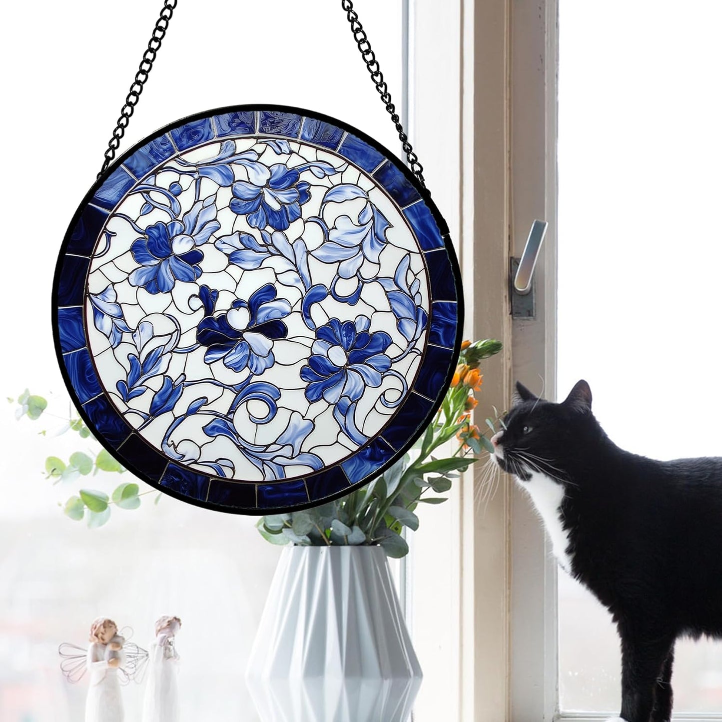Stained Glass Window Hanging, Blue and White Abstract Flowers Sun Catcher for Door Home Decor Suncatcher Christmas Mother's Day Birthday Gifts for Women Men Mom and Nana 7.8 in