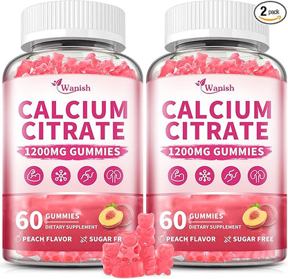 (2 Pack) 1200 mg Calcium Citrate Gummies Supplements for Women & Men,Pure Calcium Citrate Gummies for Bone, Muscle & Immune Support - Easy to Digest, Sugar Free,Vegan,Peach Flavor,60 Day Supply
