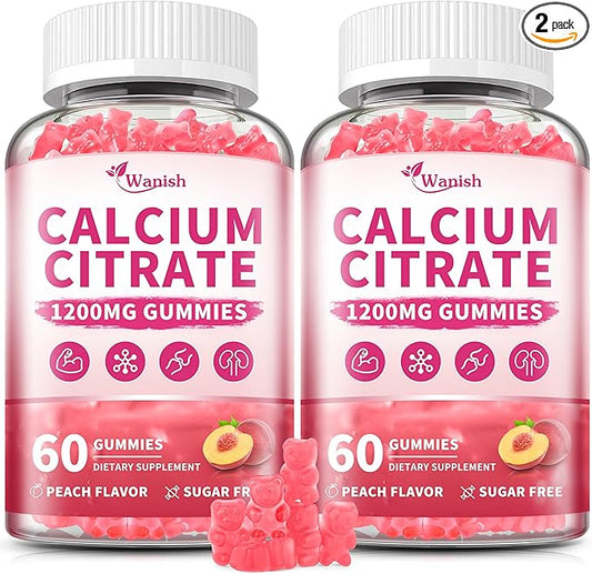 (2 Pack) 1200 mg Calcium Citrate Gummies Supplements for Women & Men,Pure Calcium Citrate Gummies for Bone, Muscle & Immune Support - Easy to Digest, Sugar Free,Vegan,Peach Flavor,60 Day Supply