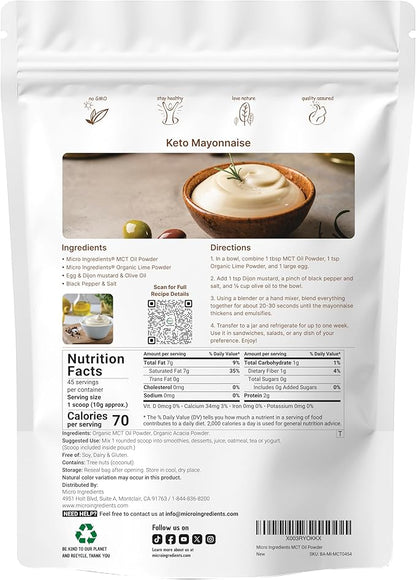 Organic MCT Oil Powder with Prebiotic Fiber,1 Pound(16 Ounce), Fast Fuel for Body and Brain, C8 MCT Oil for Coffee Creamer, No GMOs, Keto Diet, Vegan