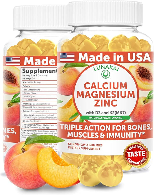 Lunakai USA Made Calcium Gummies with Magnesium, Zinc, Vitamin D3 & K2 for Women, Men & Kids – Delicious Calcium Magnesium Zinc D3 Supplement for Bone, Muscle & Immune Support, 60ct