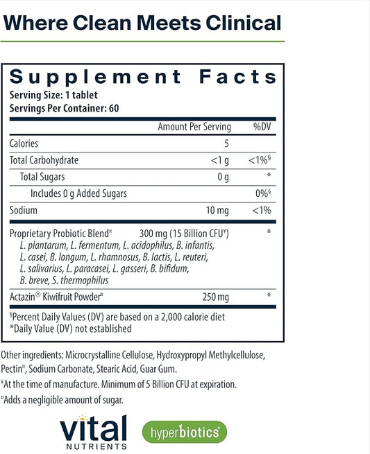 Hyperbiotics Vital Nutrients Pro-15 Advanced Probiotics for Women and Men | 15 Strains + Kiwifruit | Clinically Studied Daily Probiotics for Digestive Health, Gas, & Bloating | 60 Vegan Tablets