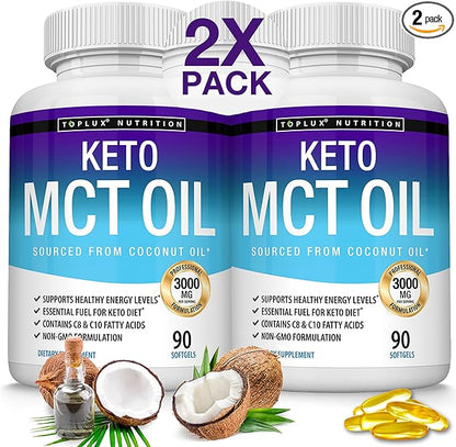 Toplux Keto MCT Oil Capsules - 3000mg Natural Pure Coconut Oil Extract Pills, Source of Energy, Easy to Digest for Men Women, 90 Softgels, Supplement