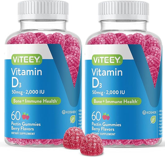 VITEEY Vitamin D3 for Adults & Teens - 2,000 IU, 50mcg, Regular Strength - Joint & Muscle Health, Immune Boost - Chewable Vitamin D Gummies - Vegetarian, Gelatin Free - Tasty Berry Flavored Gummy