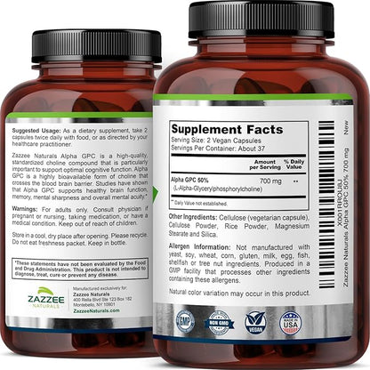 Zazzee Extra Strength Alpha GPC Choline, 700 mg per Serving, 75 Vegan Capsules, 100% Pure Pharmaceutical Grade, 100% Vegetarian, Standardized for Potency and Purity, All-Natural and Non-GMO