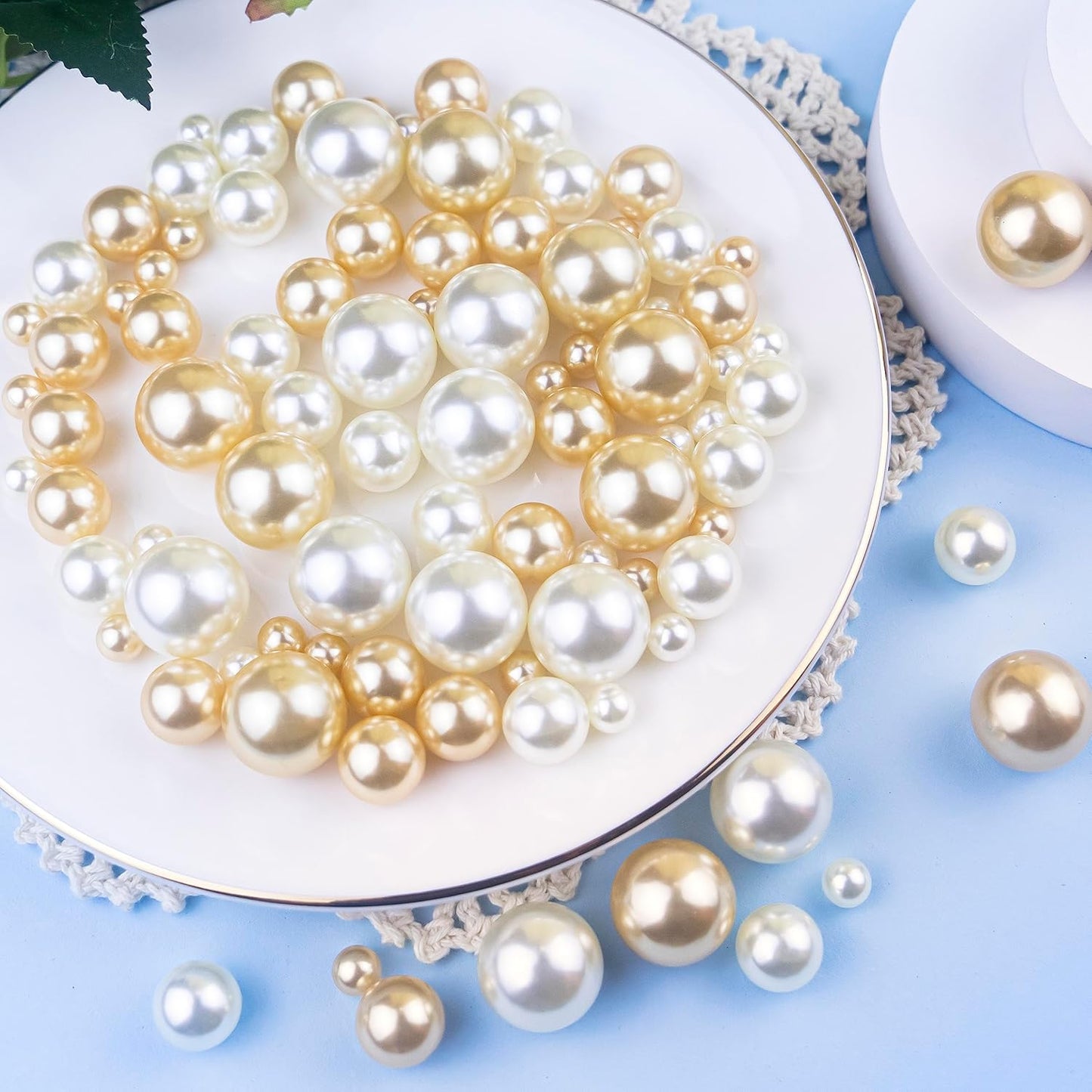 300Pcs Cream&Gold Polished No Hole Faux Pearl Beads for Vase Filling Decorations, Plastic Pearls Vase Fillers, Table Scatters, Wedding Centerpiece, Home Decor, 8/14/20 mm