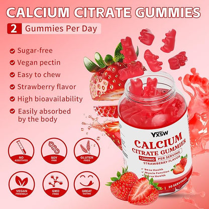 Calcium Citrate Gummies 1200mg, Chewable Calcium Supplement for Women & Men, Sugar Free Calcium for Bone, Muscle & Immune Support, Gluten Free, Vegan, Non-GMO, Strawberry Flavor, 60 Count