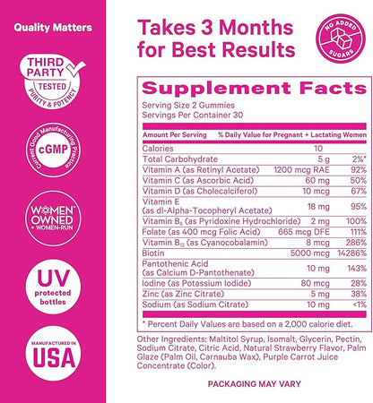 Pink Stork Postpartum Hair Loss Gummies - Biotin with Vitamin E, Pantothenic Acid, B6 & B12 for Beautiful & Strong Hair, Skin, and Nails - Postpartum Essentials for New Moms - 60 Gummy Vitamins