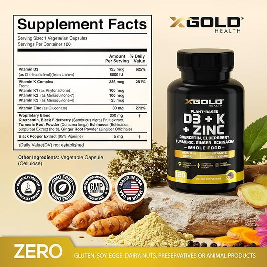 Vitamin D, K2, K1, Zinc, Quercetin, Elderberry, Turmeric, Ginger & Echinacea Whole Food Supplement 8 in 1- D3 5000 IU Plant-Based from Lichen, Vitamin K (K2 MK7, MK4, K1), D3 K2 Vitamins -120 Capsules