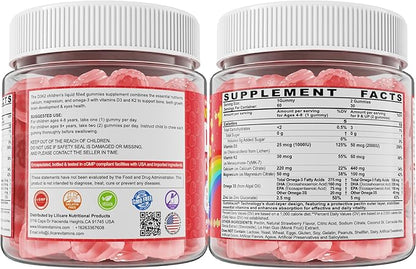 Vitamin D3 K2 + Calcium Liquid-filled Gummies for Kids & Teens, 1000IU/2000IU D3 with Magnesium, Algal Omega 3, Vitamin for Kids for Bones & Teeth, Calcium Absorption, Brain, Immunity,Sugar-Free,2Pack