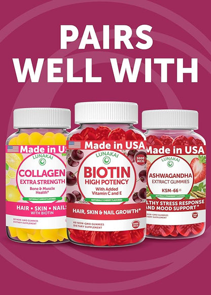 Lunakai USA Made Super Hair Gummies with Biotin, Zinc, Horsetail Extract & Saw Palmetto - Hair Growth Vitamins for Women & Men – Supports Thicker, Longer, Stronger Tresses, Skin & Nails, 60ct