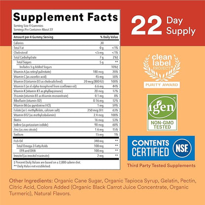 SmartyPants Kids Multivitamin Gummies: Omega 3 Fish Oil (EPA/DHA), Vitamin D3, C, Vitamin B12, B6, A, K & Zinc for Immune Support, Biotin, Gluten Free, Three Fruit Flavors, 90 Count (22 Day Supply)