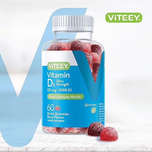 Viteey Vitamin D3 Gummies for Adults & Teens - 5,000 IU, 125mcg, Ultra Strength - Joint & Muscle Health, Immune Boost - Chewable Vitamin D Gummies - Vegetarian, Gelatin Free - Tasty Berry Flavored