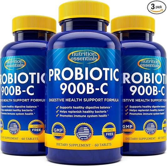 Nutrition Essentials Probiotics for Women and Men with Natural Lactase Enzyme & Prebiotic Fiber for Digestive Health - 80percent + Stronger Supplement for Gut Health Support - 3 Count of 60 Tablets