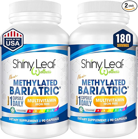 Shiny Leaf Methylated Bariatric Multivitamin Without Iron – Vitamins for Gastric Bypass & Sleeve, 1 Daily Capsule W Methylated Folate, B12, A, C, D, K & More. Vegetarian, Soy-Free, USA Made (180 Ct.)