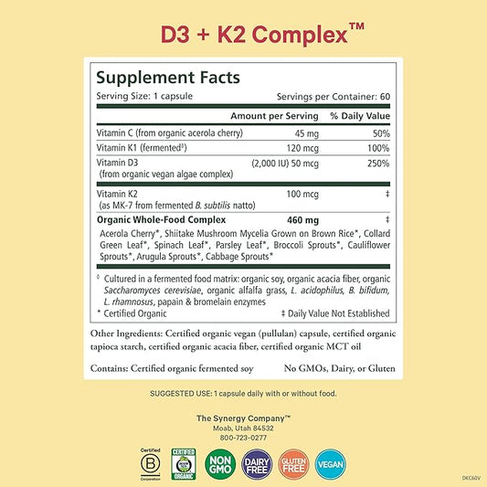 PURE SYNERGY D3 + K2 Complex | Vegan Vitamin D3 K2 Complex | Organic D3 Supplement with Vitamin K2 and K1 Plus Organic Whole Foods | Supports Bone, Brain, and Immune Health (60 Capsules)