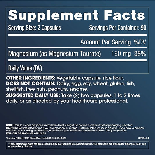 ProHealth Pure Magnesium Taurate, 160mg per Serving | Optimal Bioavailability Supplement for Healthy Aging | Supports Brain, Heart, and Muscle Health | Third-Party Tested | 180 Capsules (3 Pack)