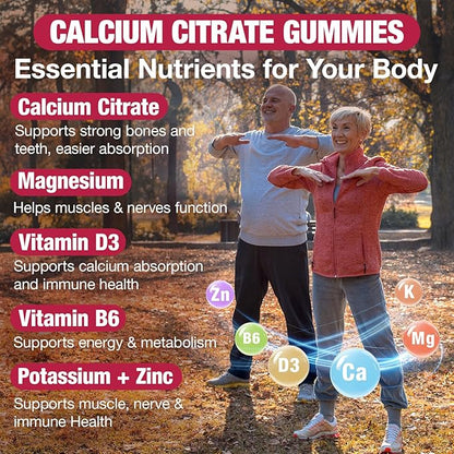 2 Pack Calcium Citrate Gummies 1200mg, Calcium Supplements for Women & Men, Calcium Gummies with Vitamin D3, K2, Magnesium, Zinc, Potassium, Muscle & Immune Support, Strawberry Flavor, 120 Count