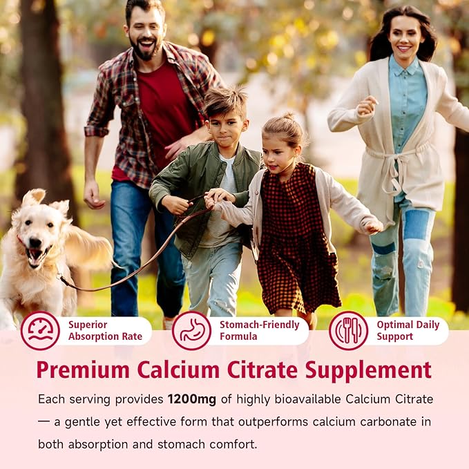 High Absorption Calcium Citrate Gummies 1200mg - Bone & Teeth Support for Adults & Kids, Vegan Sugar-Free Gummies, Strawberry Flavor, 60 Count