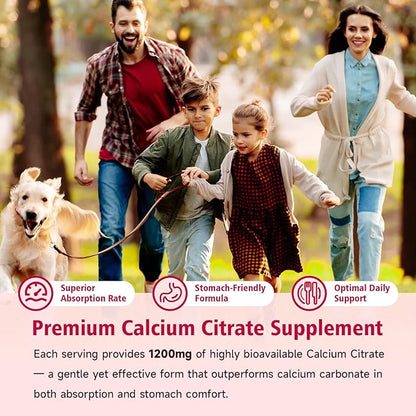 High Absorption Calcium Citrate Gummies 1200mg - Bone & Teeth Support for Adults & Kids, Vegan Sugar-Free Gummies, Strawberry Flavor, 60 Count