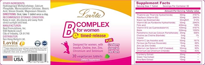 Lovita High Potent Vitamin B Complex for Women, Timed Release, All B Vitamins with Iron, Vitamin C, Cranberry, Pine Bark, Green Tea for Energy, 30 Vegetarian Tablets (Pack of 3)