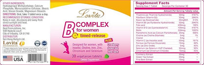 Lovita High Potent Vitamin B Complex for Women, Timed Release, All B Vitamins with Iron, Vitamin C, Cranberry, Pine Bark, Green Tea for Energy, 30 Vegetarian Tablets (Pack of 3)