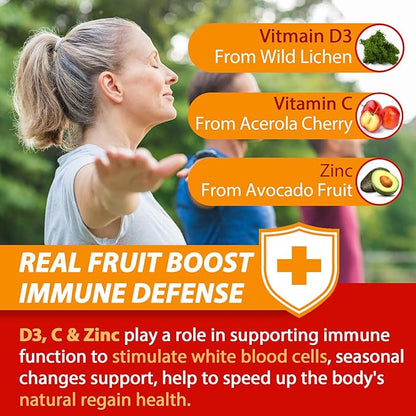 Sugar Free Vitamin C + D3 + Zinc Gummies for Adults 50 +, 9 in 1 Immune Defense Supplement with D3 5000IU, Elderberry, Echinacea, Mullein Leaf for Boost Immunity, Power Antioxidant, Vegan (Pack of 1)