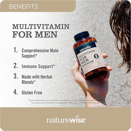 NatureWise Multivitamin for Men - Daily Male Support - Minerals & Herbs for Energy, Performance, Immunity - with Vitamin A, C, D, B-Complex - Soy & Gluten-Free, Non-GMO - 60 Capsules[1-Month Supply]