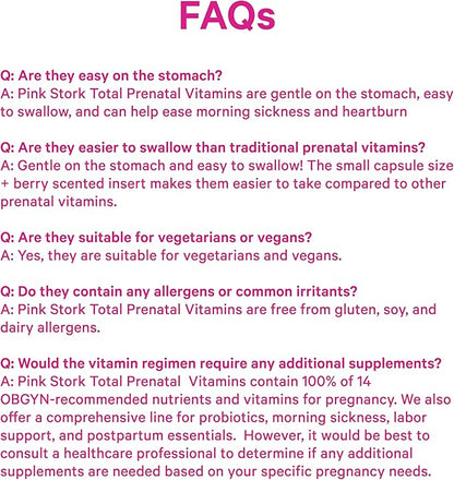 Pink Stork Total Prenatal Vitamins with DHA, Folate, Iron, Choline, and Vitamin B12 - Prenatals for Women to Support Fetal Development, Pregnancy Essentials, Berry Essence, 60 Capsules, 1 Month Supply