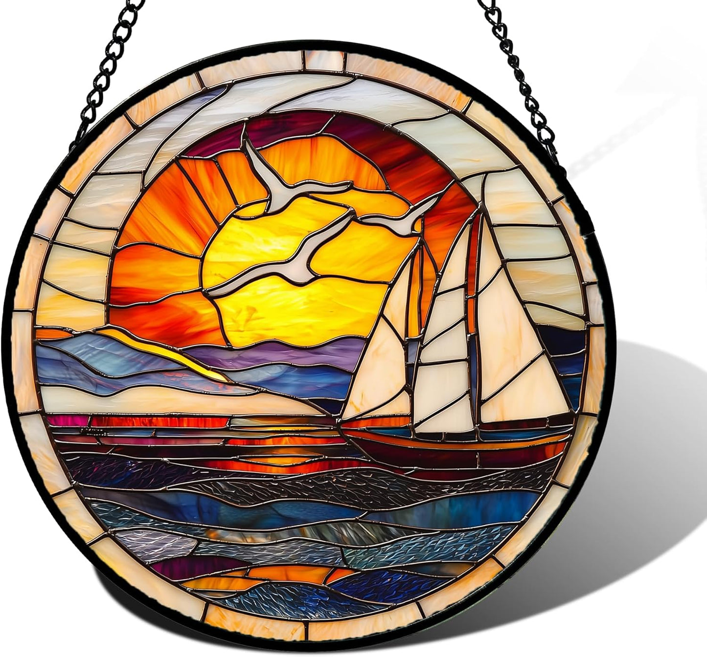 Stained Glass Window Hanging, Sun Ocean Sailboat Seagull Abstract Suncatcher Diamond Glass Panel Sun Catchers Decor for Birthday for Women, Men, Wife, Aunt, and Mom 7.8 in