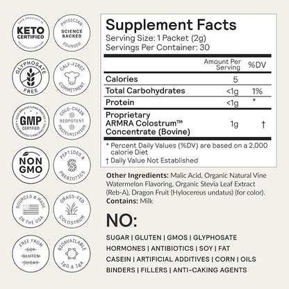ARMRA Colostrum™ Powder | Vine Watermelon | Gut Health & Bloating | Skin & Hair | Immunity | Keto, Gluten & Fat-Free | 30 Servings