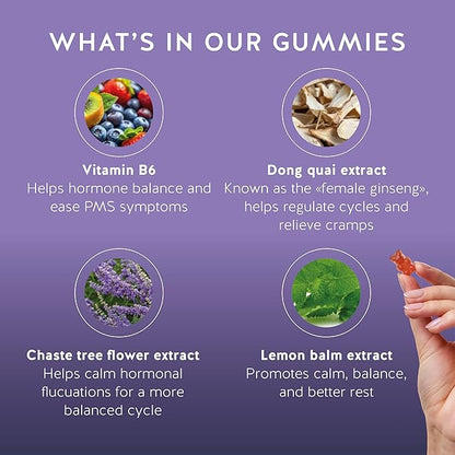 PMS Support Supplement for Women. Menstrual Relief Gummies to Target Hormonal Breakouts, Bloating, Period Cramps, & Mood Swings. Vegan, with Vitamin B6 & Lemon Balm, 60 Gummies