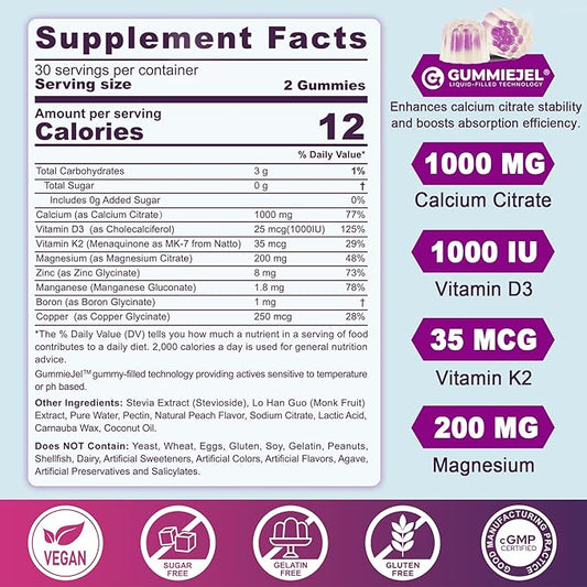 Sugar Free Calcium Citrate Gummies for Women & Men 1000mg, Vitamin D3 K2, Magnesium, Zinc, Boron, Manganese, Copper, Ultimate Absorption Calcium Supplements for Bone, Muscle & Immune - Vegan, 60 Count