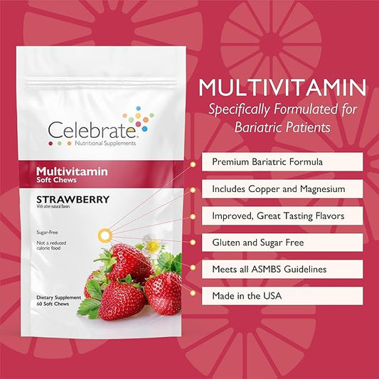 Celebrate Vitamins Bariatric Multivitamin Soft Chews - Essential Vitamins & Minerals, Sugar & Gluten Free - Gastric Bypass & Sleeve Gastrectomy Supplement - Strawberry (60ct)