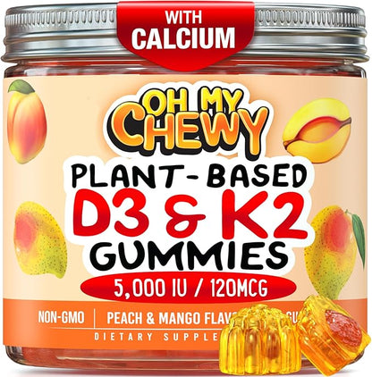 Center-Filled Vitamin D3 K2 Gummies - Kids, Teens & Adults - Supplement for Healthy Teeth, Bone, Energy & Immunity - 5000 IU D3, 120 mcg K2(MK-7), 120 mg Calcium - Vegan & Non-GMO - 60 Count