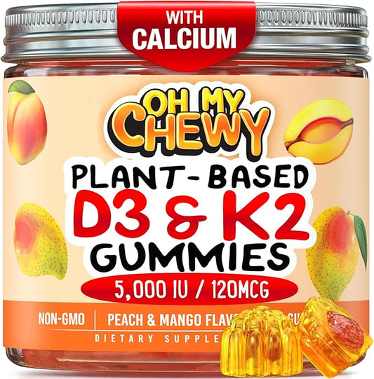 Center-Filled Vitamin D3 K2 Gummies - Kids, Teens & Adults - Supplement for Healthy Teeth, Bone, Energy & Immunity - 5000 IU D3, 120 mcg K2(MK-7), 120 mg Calcium - Vegan & Non-GMO - 60 Count