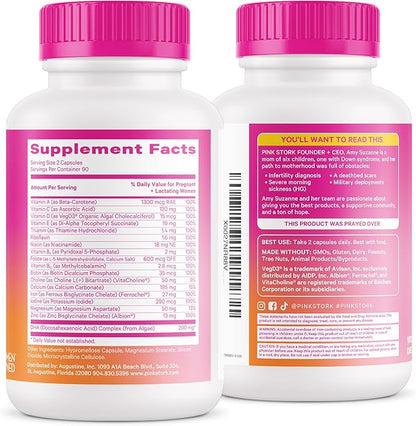 Pink Stork Total Prenatal Vitamins with DHA, Folate, and Iron, 3 Month Supply to Help Support Fetal Development, Pregnancy Must Haves - 180 Capsules