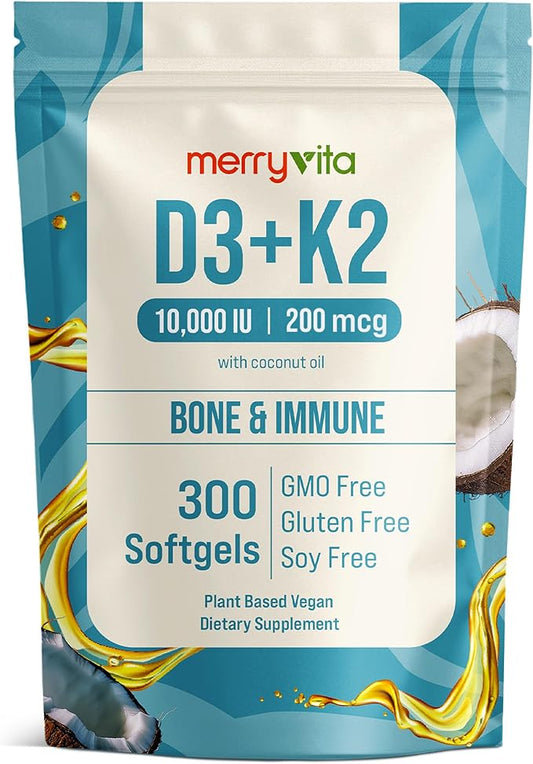 Vitamin D3 K2 300 Softgels – 10000 IU & 200 MCG K2 MK7 – Plant-Based, Vegan, Non-GMO, Gluten-Free – Coconut Oil – Immune, Bone & Muscle Support – D3 con K2 vitamina Supplement