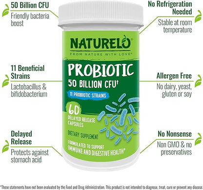 NATURELO Probiotics for Digestive Health - 50 Billion CFU, 11 Strains Daily Supplement - Boosts Immune System, Delayed Release, 60 Vegetarian Capsules