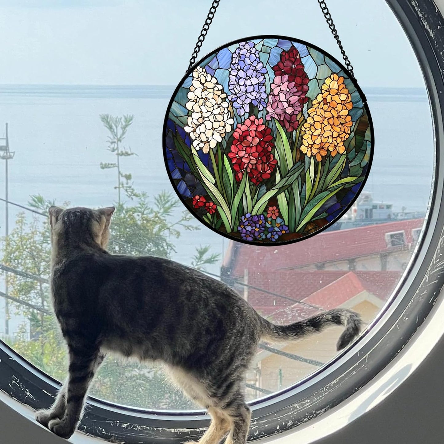 Stained Glass Window Hanging, Colorful Hyacinth Flowers Suncatcher for Doors Window Home Plant Sun Catchers Decoration Mother's Day Birthday Gifts for Women, Men, and Mom 15x15 in
