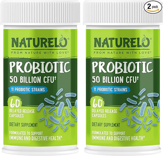 NATURELO Probiotics for Digestive Health - 50 Billion CFU, 11 Strains, Daily Use Supplement - Boosts Immune System, Delayed Release, No-Fridge, 60 Vegetarian Capsules (Pack of 2)