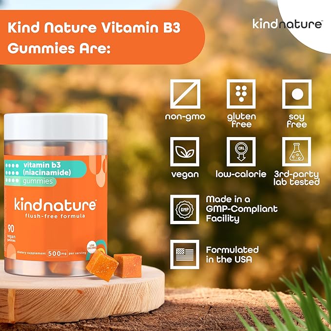 kindnature Vitamin B3 Niacin Gummies - Flush Free Niacinamide 500mg Supplement - Vegan, Non-GMO, Low-Calorie, Gluten-Free, Soy-Fee, 3rd Party Lab Tested - 1 Month Supply, 90 Chewable Gummies