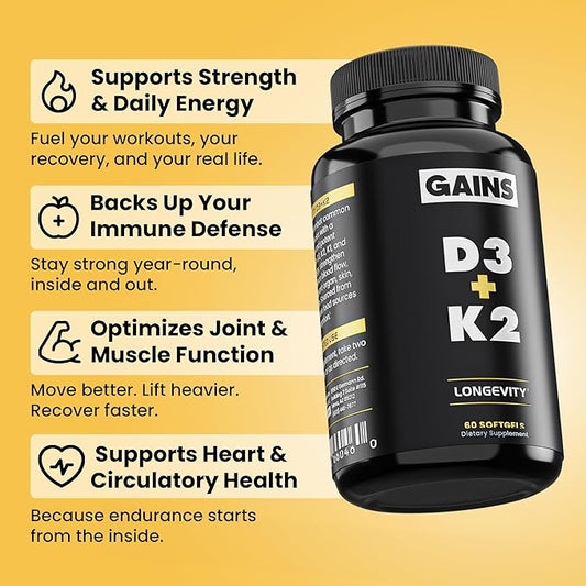 Gains in Bulk D3 K2 Supplement, Vitamin D3 5000 IU, Vitamin K2 100 Mcg, Vitamin A 5000 IU, Algae Oil with Omega 3, Wellness Support for Men & Women, Gluten Free, Vegan, Non GMO, 60 Softgels