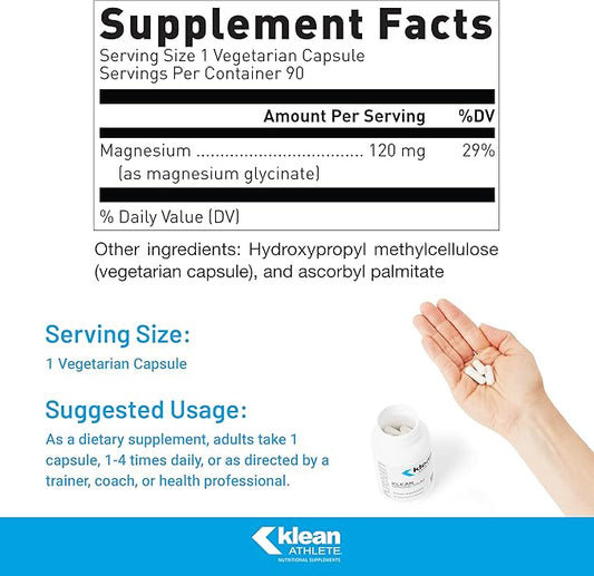Klean ATHLETE Klean Magnesium | Supports Ability to Produce and Utilize Energy (ATP), Contract and Relax Muscles and Improves Recovery Time* | NSF Certified for Sport | 90 Vegetarian Capsules