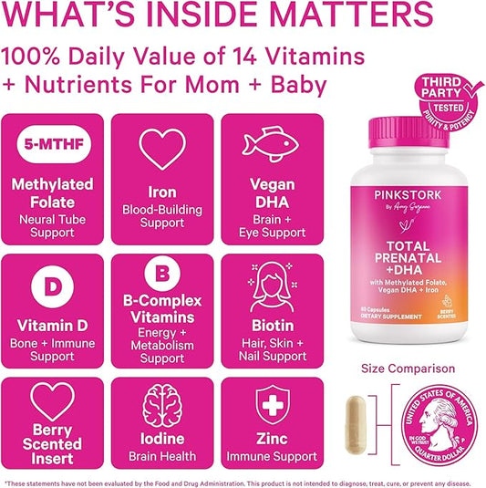 Pink Stork Total Prenatal Vitamins with DHA, Folate, Iron, Choline, and Vitamin B12 - Prenatals for Women to Support Fetal Development, Pregnancy Essentials, Berry Essence, 60 Capsules, 1 Month Supply