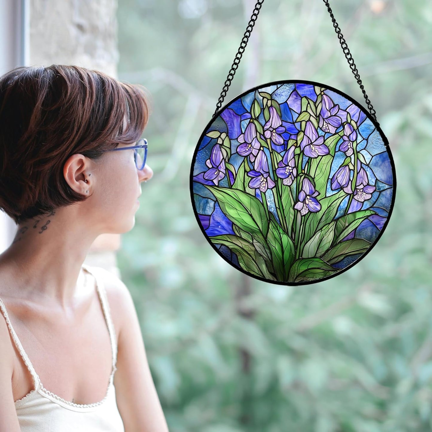Stained Glass Suncatcher, Blue Purple Flowers Green Leaves Sun Catcher Plants Stain Glass Window Hanging Decoration Mother's Day Birthday Gifts for Women Men Mom and Nana 11.8 in