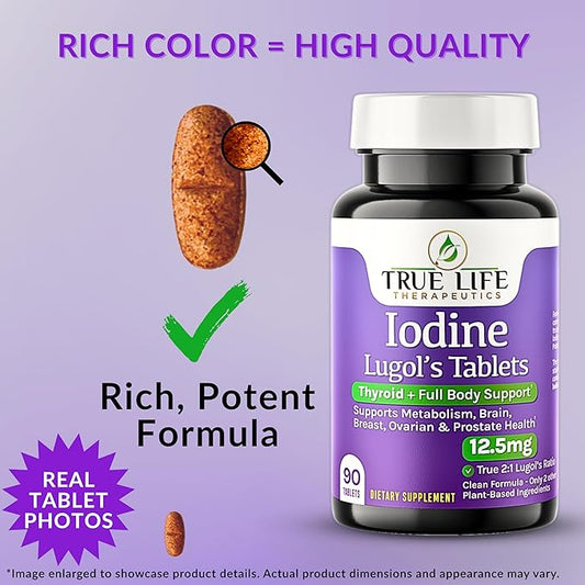 Lugol's Iodine Tablets 12.5mg x 90 ct - Reddish Brown Stable Iodine + Potassium Iodide Formula, Masks Bitter Liquid Taste, Thyroid Support, Detox, Breast Health - No Preservative, Non-GMO, Gluten-free