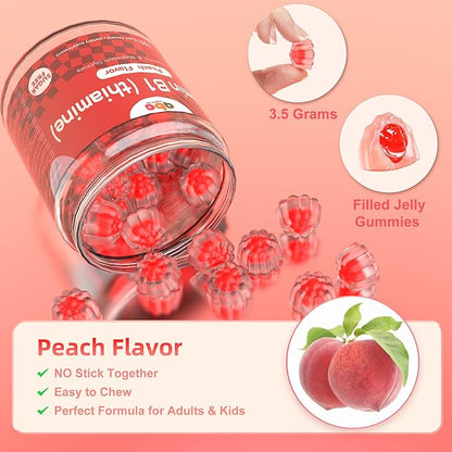 Vitamin B1 Gummies 300mg for Adults & Kids,Chewable Thiamine B1 Supplement with 150mg Magnesium,Nervous System Healthy Energy,Natural Peach Flavor,Non GMO,Vegan 60 Count Sugar-Free 1-Month Supply1